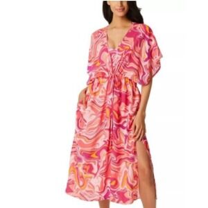 Jessica Simpson - Femme Pink Orange Flutter Sleeve Cover Up Midi Dress Pockets M